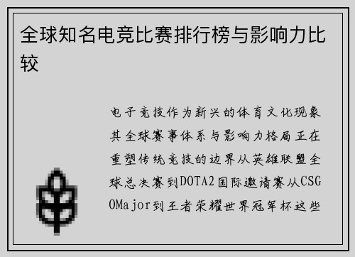 全球知名电竞比赛排行榜与影响力比较